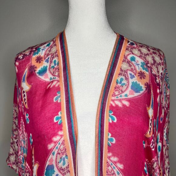 Chico's Colorful Pink Kimono Cover-Up Linen Blend Boho Fringe Beach Resort L/XL - Picture 3 of 11